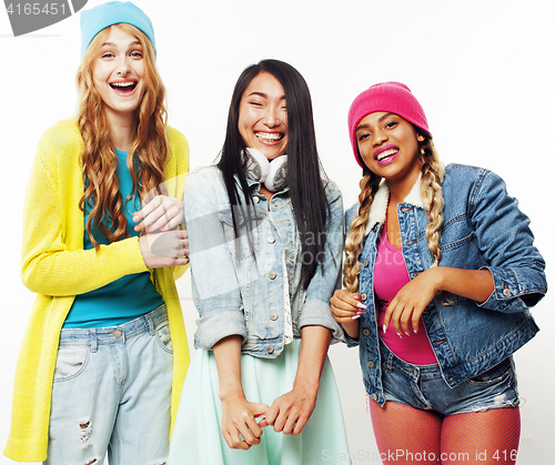 Image of diverse nation girls group, teenage friends company cheerful having fun, happy smiling, cute posing isolated on white background, lifestyle people concept 