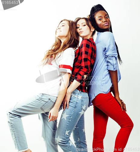 Image of diverse nation girls group, teenage friends company cheerful having fun, happy smiling, cute posing isolated on white background, lifestyle people concept 