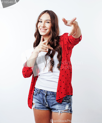 Image of young pretty stylish hipster girl posing emotional isolated on white background happy smiling cool smile, lifestyle people concept 