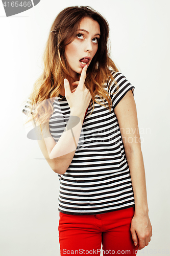 Image of young pretty stylish hipster girl posing emotional isolated on white background happy smiling cool smile, lifestyle people concept 