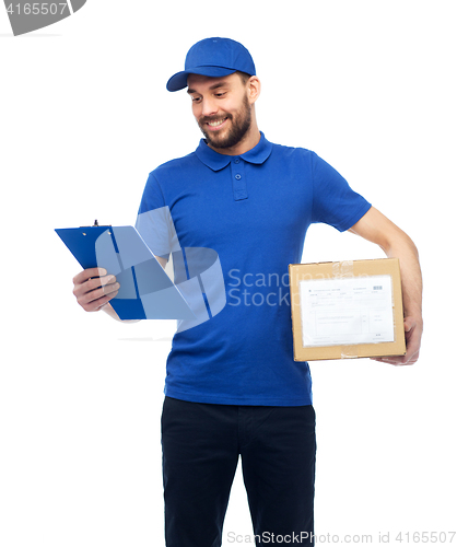 Image of happy delivery man with parcel box and clipboard