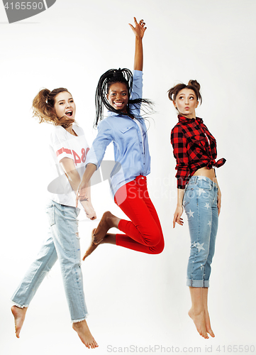 Image of diverse nation girls group, teenage friends company cheerful having fun, happy smiling, cute posing isolated on white background, lifestyle people concept 