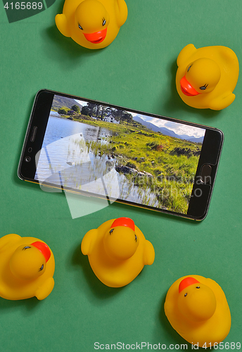 Image of Yellow rubber ducks and smartphone concept
