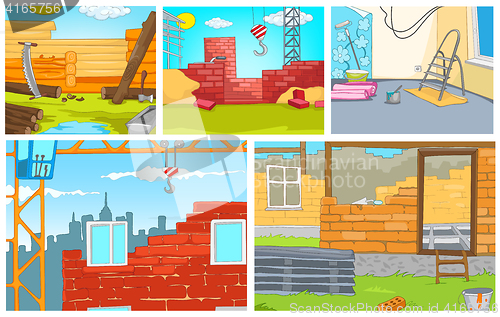 Image of Cartoon set of backgrounds - construction sites.