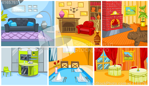 Image of Cartoon set of apartment and restaurant background
