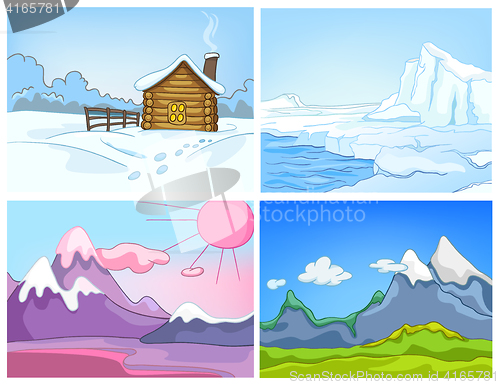 Image of Vector cartoon set of winter backgrounds.