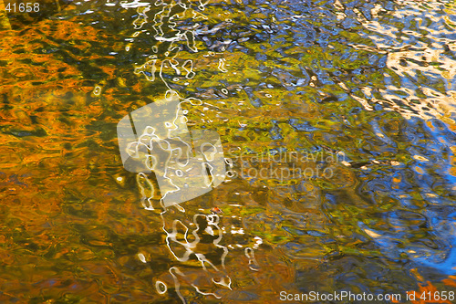 Image of Sky and leaves reflected in the water surface like a natural abstract paint
