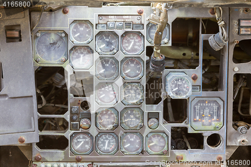 Image of Different meters and displays in an old plane