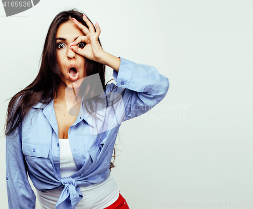 Image of young happy smiling latin american teenage girl emotional posing on white background, lifestyle people concept 