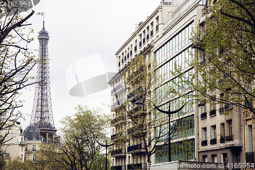 Image of french paris street with Eiffel Tower in perspective trought trees