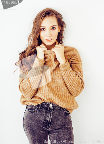 Image of young pretty stylish hipster girl posing emotional isolated on white background happy smiling cool smile, lifestyle people concept 