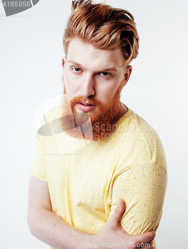 Image of portrait of young bearded hipster guy smiling on white background close up isolated, lifestyle people concept