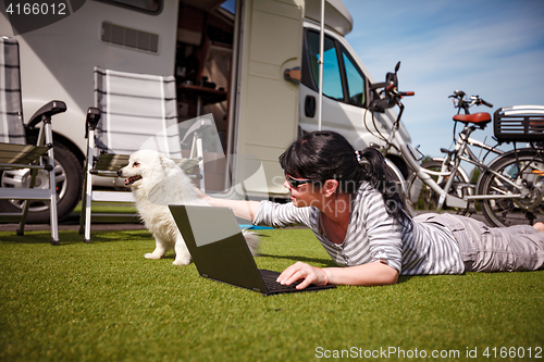 Image of Woman on the grass with a dog looking at a laptop