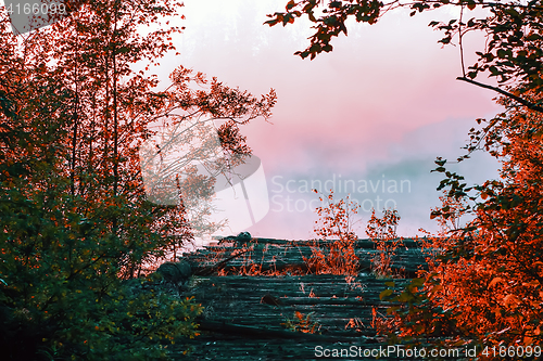 Image of Autumn Landscape With Pink Mist At Sunrise