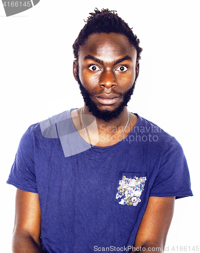 Image of young handsome afro american boy stylish hipster gesturing emoti