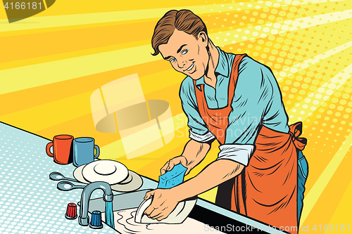 Image of Vintage worker washes dishes