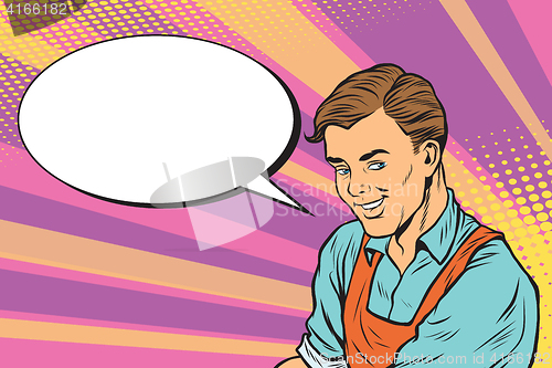 Image of Worker in apron says, the comic book bubble