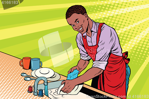 Image of Vintage worker washes dishes