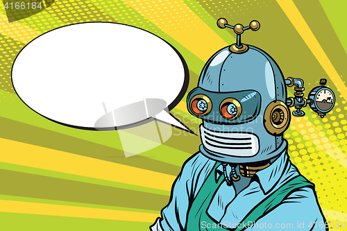 Image of Robot Worker in apron says, the comic book bubble