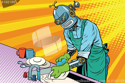 Image of Vintage worker robot washes dishes