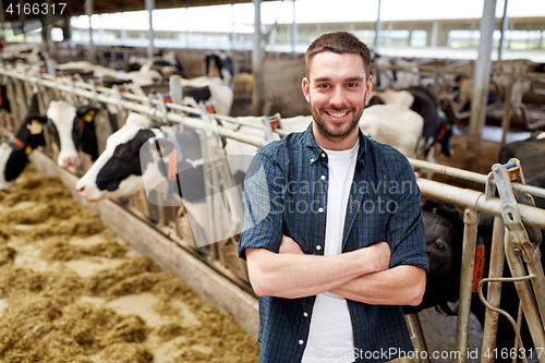 Image of man or farmer with cows in cowshed on dairy farm