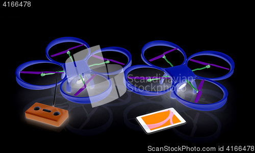 Image of Drone, remote controller and tablet PC