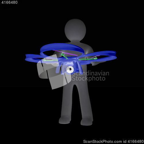 Image of 3d man with drone, quadrocopter, with photo camera. 3d render. 3