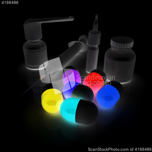 Image of Syringe, tablet, pill jar. 3D illustration