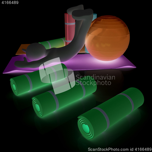 Image of 3d man on a karemat with fitness ball. 3D illustration