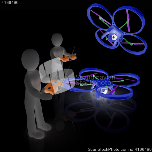 Image of 3d man with drone, quadrocopter, with photo camera. 3d render. 3