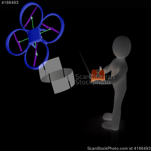 Image of 3d man with drone, quadrocopter, with photo camera. 3d render. 3