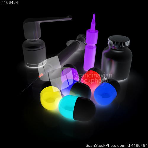 Image of Syringe, tablet, pill jar. 3D illustration