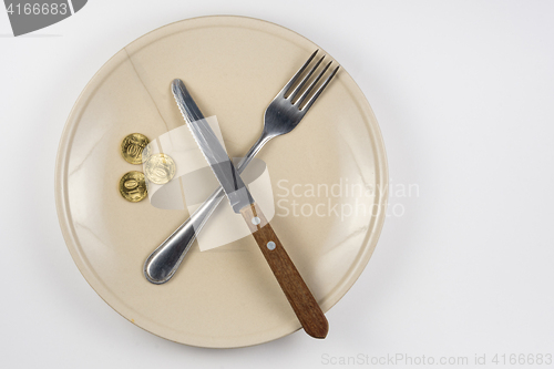 Image of An empty cracked plate with knife and fork, it is based on three ten-coin