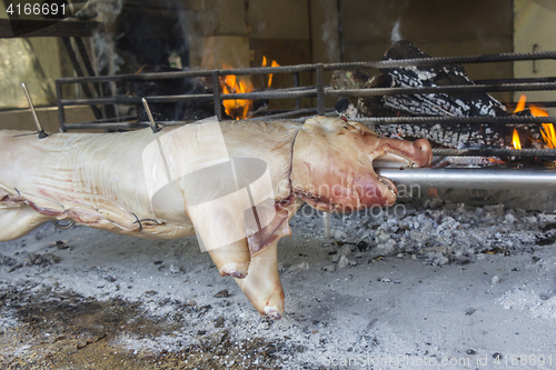 Image of Roasting suckling pig on the broach in the coals