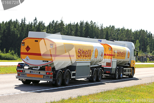 Image of Shell Fuel Truck Hauls Aviation Fuel Along Freeway