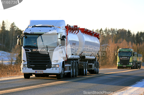 Image of New Scania Trucks Transport Load on Winter Afternoon
