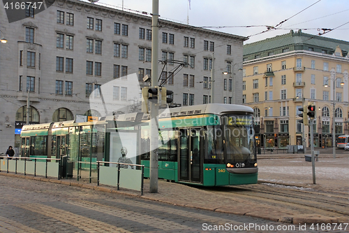 Image of Green Helsinki Tram in City