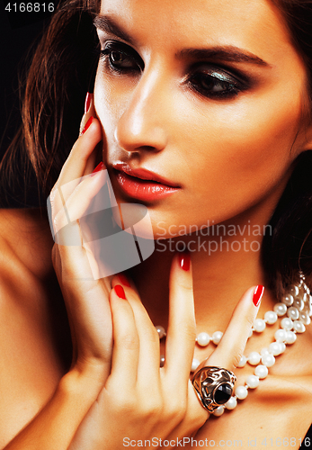 Image of beauty young sencual woman with jewellery close up, luxury portrait of rich real girl