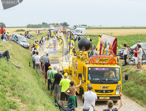 Image of BIC Caravan on a Cobblestone Road- Tour de France 2015