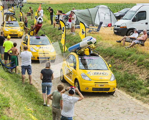 Image of BIC Caravan on a Cobblestone Road- Tour de France 2015