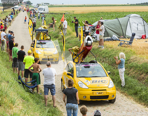 Image of BIC Caravan on a Cobblestone Road- Tour de France 2015