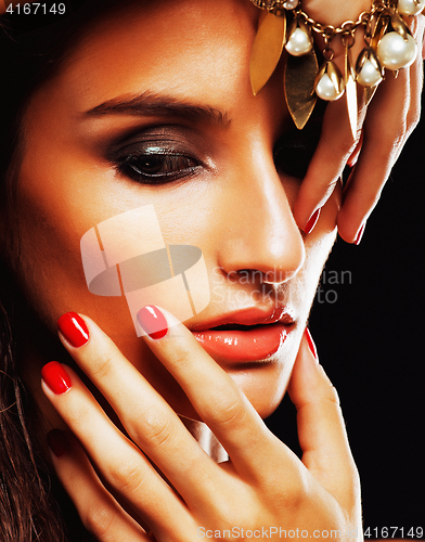 Image of beauty young sencual woman with jewellery close up, luxury portrait of rich real girl