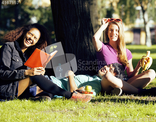 Image of portrait of international group of students close up smiling, bl