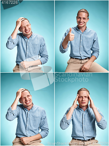 Image of The young man over blue background