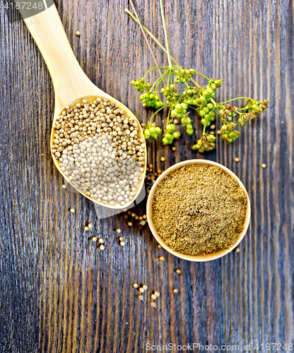 Image of Coriander in bowl and spoon on board top