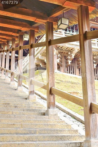 Image of Stone steps with wooden roof at Nigatsudo hall in Nara