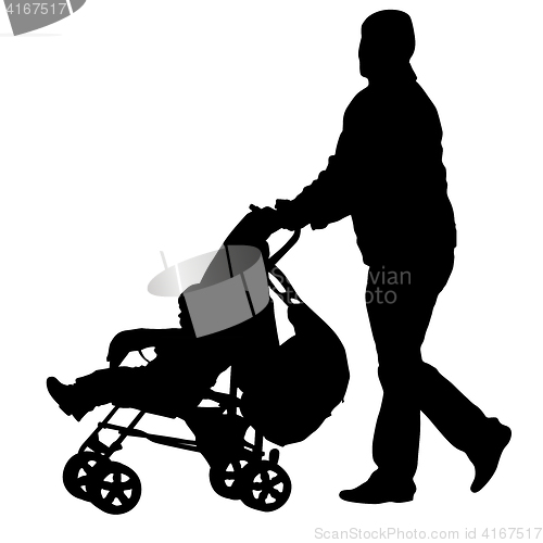 Image of Black silhouettes father with pram on white background. illustration