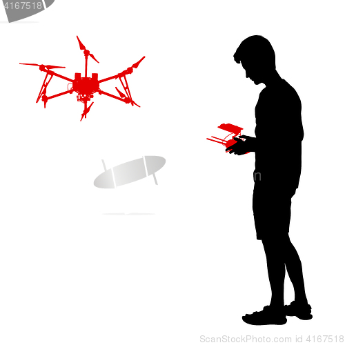 Image of Black silhouette of a man operates unmanned quadcopter illustration