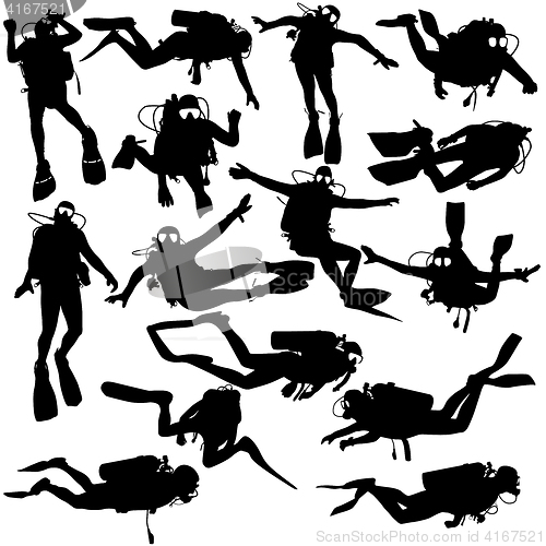 Image of Set black silhouette scuba divers. illustration