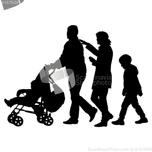 Image of Black silhouettes Family with pram on white background. illustration